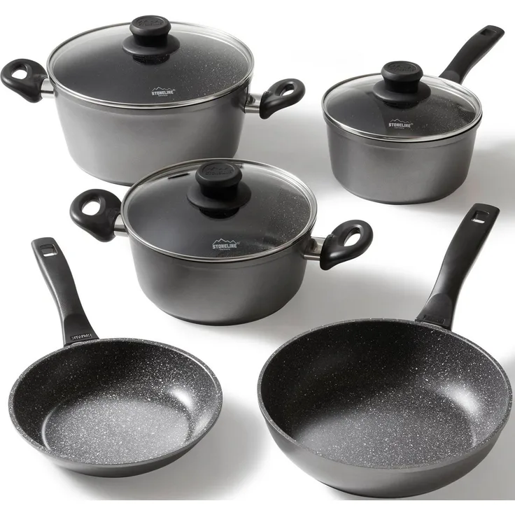 STONELINE Kochbesteck-Set (Kochgeschirr-Set, 8-tlg, Kochgeschirr-Set, 2x Kochtopf, 1x Stielkasserolle, 2x Bratpfanne), mit echten Steinpartikeln, induktionsgeeignet, Designed in Germany