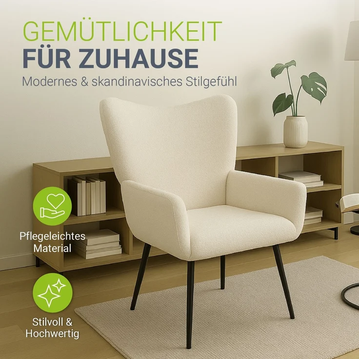 Juskys Ohrensessel Odense ohne Hocker, TV- & Lesesessel in Bouclé, hohe Lehne, Metallbeine, komfortabler Stoffbezug, pflegeleicht – Beige – Bild 2