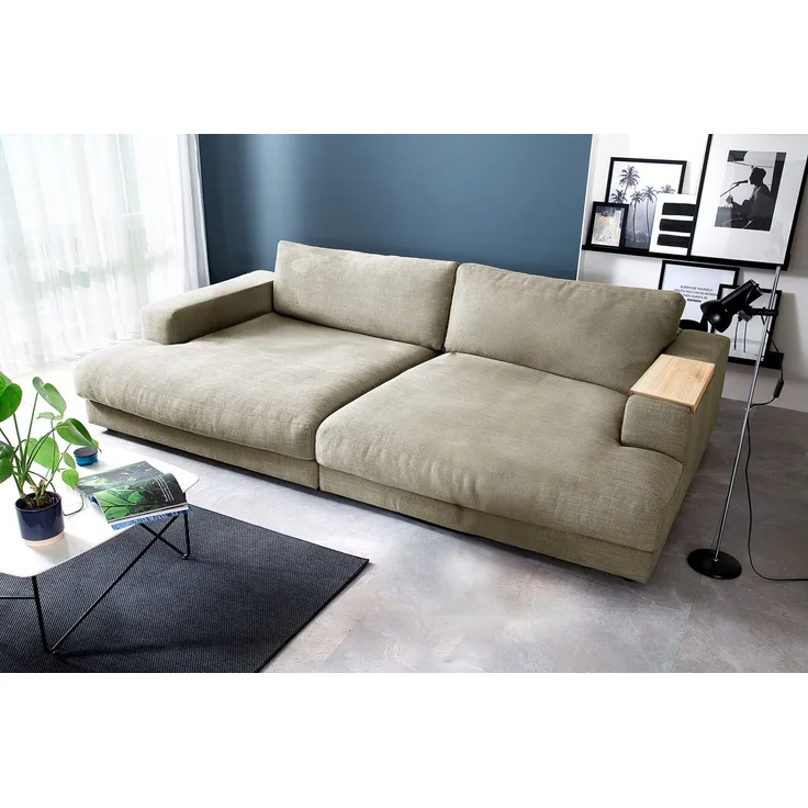 KAWOLA Big Sofa MADELINE mit Holztablett natur für Armlehne Stoff cremeweiß 85 x 170 x 290 cm