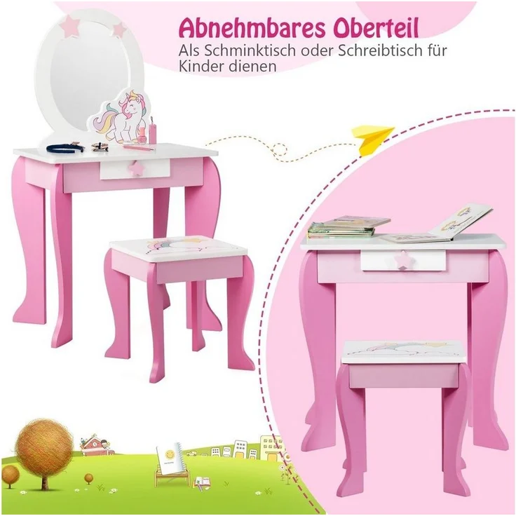 COSTWAY Kinderschminktisch mit Hocker, Schublade und Spiegel, Frisiertisch für Kinder rosa – Bild 2