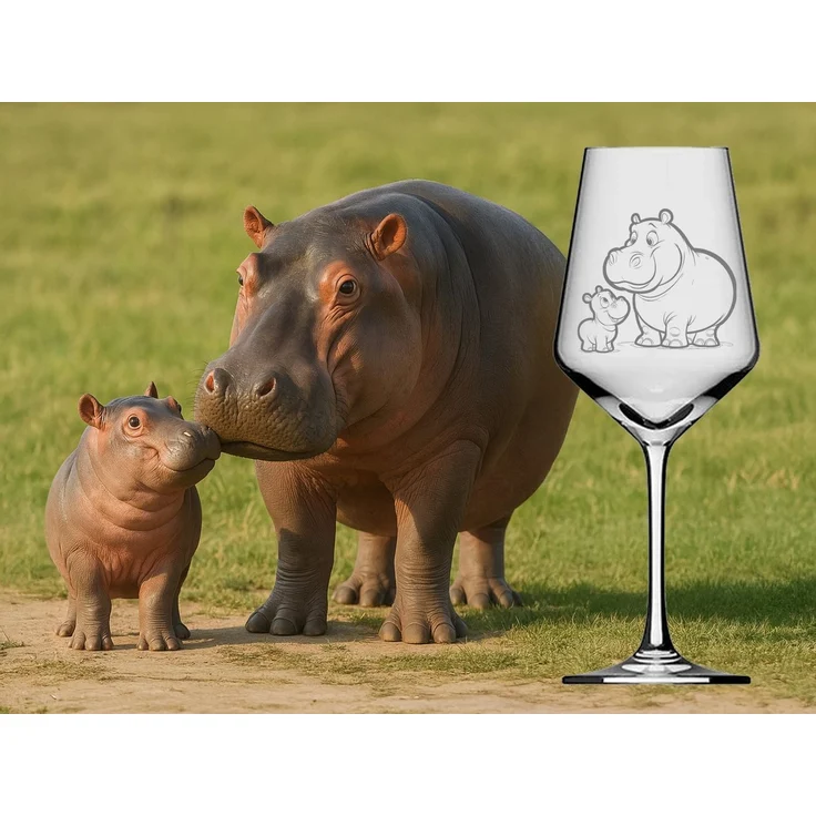eXODA Weinglas Gravur Nilpferd mit Baby - 350ml absolut spülmaschinenfest, 1-tlg, Glas, Atemberaubende Darstellung – Bild 2