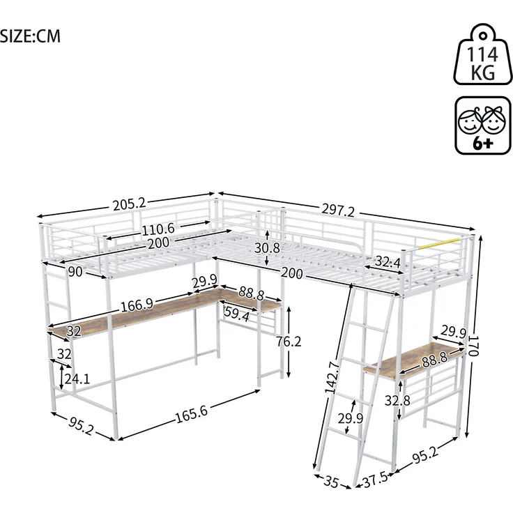 Bett 90x200 cm Hochbett mit Tisch und hohem Geländer, Metallrahmen, platzsparendes Zwei-Ebenen-Design – Bild 7