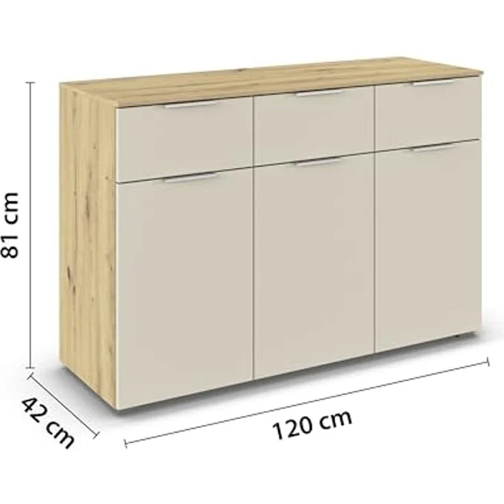 Rauch Möbel Alabama, Kommode für Schlafzimmer, Kinderzimmer, Garderobe, Flur, 3-türig, mit 3 Schubladen, Soft-Close-Fuktion, Farbe Beige/Eiche Artisan, Holz, Griff Alufarben, Maße 120 x 81 x 42 cm – Bild 3