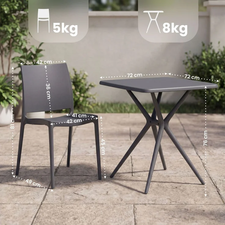 Gartenmöbel-Set GRETA mit 2 Stühlen - 156x72x81cm, Kunststoff, Dunkelgrau | Balkonset Gartenset Tisch mit Stühlen Bistroset Outdoor – Bild 2