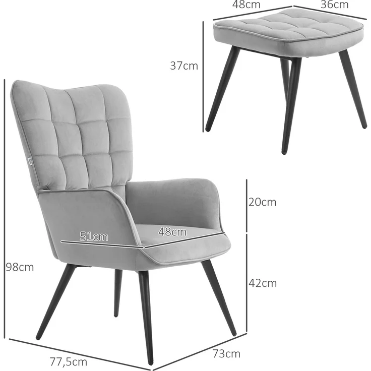Ohrensessel mit Hocker, Loungesessel Relaxsessel Polstersessel Samtoptik Fernsehsessel Esszimmerstuhl bis 120 kg hellgrau--Hellgrau--73x77.5x98cm--YOUDENOVA – Bild 3