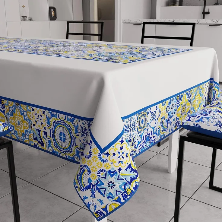 PETTI Artigiani Italiani - Tischdecke, schmutzabweisend, rechteckig, für Küchen, geometrisches Design, Vietri Blau, X6-Sitzer (140x180 cm), 100% Made in Italy