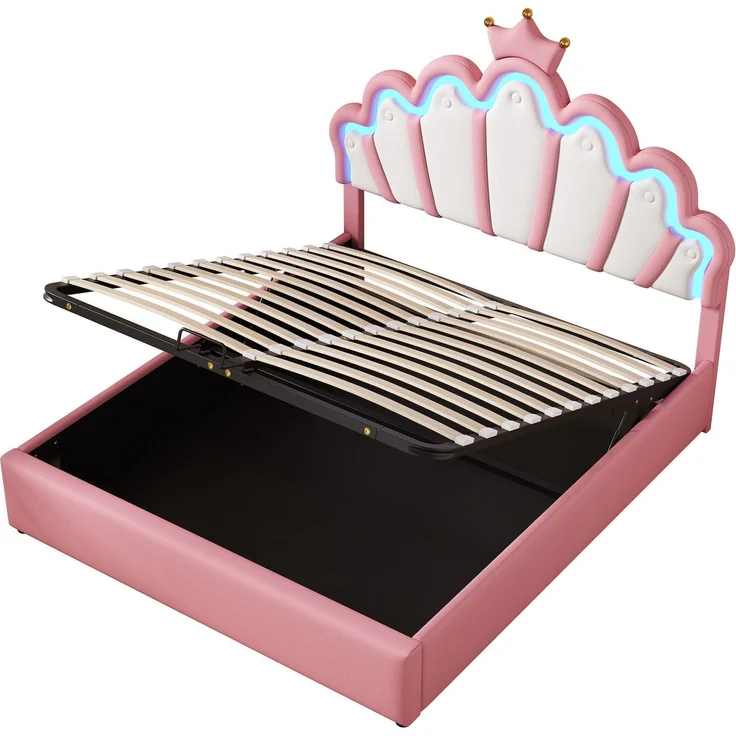 Prinzessinbett mit Lattenrost und LED-Beleuchtung, 140x200 cm, Mädchenbett, Polsterbett für Mädchen, Stauraumbet, Kunstleder – Bild 8