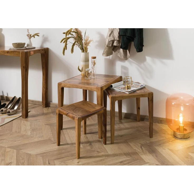 Beistelltisch 3er-Set Sheesham 50x50 / 40x40 / 31,5 x34 braun lackiert ANCONA #112 – Bild 3