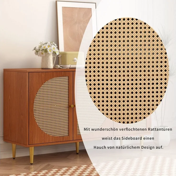 BlingBin Sideboard Kommode Highboard (1 St), mit 3 Rattan verzierten Türen