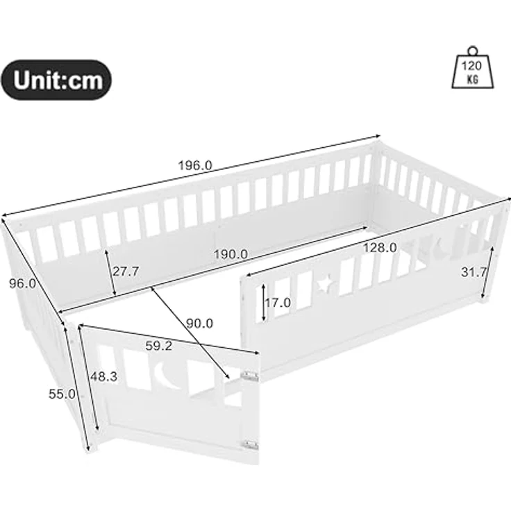 Ball & Cast Bodenbett (90x190 cm), Kids Bed und Jugendbett mit Stern- & Monddekoration, Kinderbett 90x200 mit rausfallschutz, ohne Lattenrost, Weiß – Bild 2