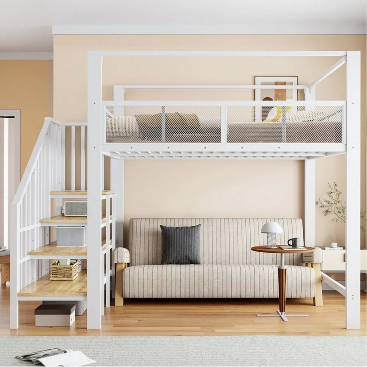 Celya Hochbett Metall Einzel-Hochbett mit Sicherheitsgitter im Netzdesign (ohne Matratze, mit Stauraumstufen fürs Schlafzimmer) – Bild 3