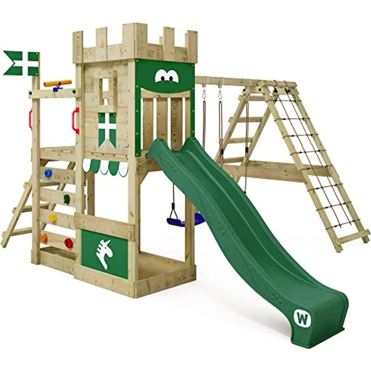 Wickey Spielturm DragonFlyer Stelzenhaus – Ritterburg mit Kletteranbau, 10 Jahre Garantie* auf Holzelemente, inkl. Wellenrutsche und Klettersteinen
