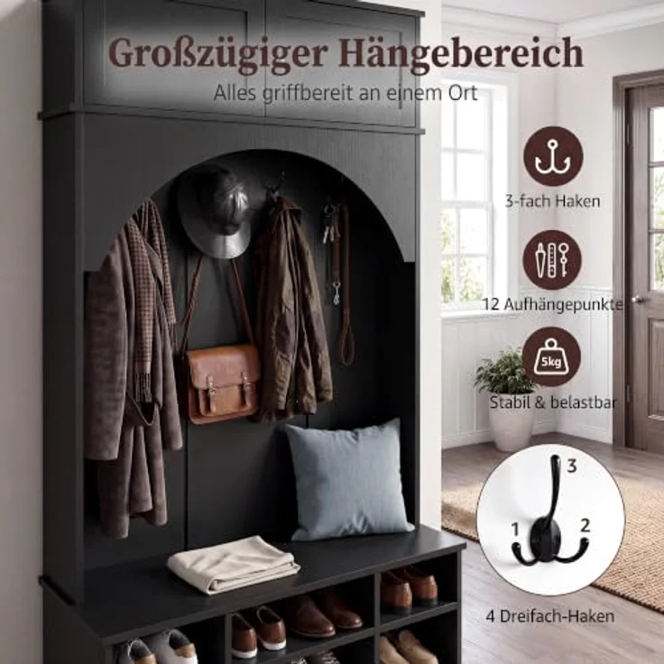 IRONCK Garderobenständer, Garderobe mit Sitzbank und Schuhregal Schwarz | Flurmöbel mit Oberschrank, 4 Dreifach-Haken und 7 Schubfächern, Kleiderständer, Eingangsmöbel für Schlafzimmer 100x35x186 cm – Bild 4