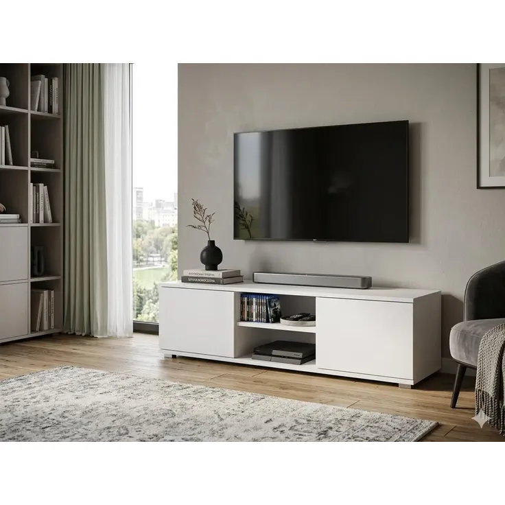 Sleepyshop24 TV Lowboard 120 cm Weiss. Natur RTV Schrank mit Stauraum Fernsehmöbe, Fernsehtisch Holzoptik mit Türen modern, Wohnzimmer, Weiß