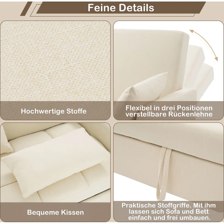 Sofabett 127x75x94 cm Beige, klappbar mit 3-fach verstellbarer Rückenlehne & 180 cm Liegefläche – Bild 5