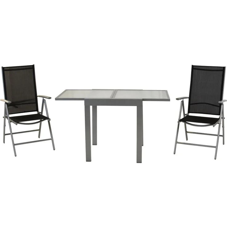 Amalfi Set 3tlg, 2 Klappsessel, Balkonausziehtisch 65 (130) x 65 cm matte Glasplatte, schwarz – Bild 7