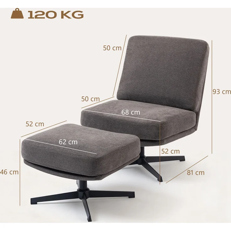 MELAYR, Sessel mit Hocker Drehbar Loungesessel mit Leinenoptik für Wohnzimmer Dunkelgrau, 91 x 68 x 93 cm – Bild 5