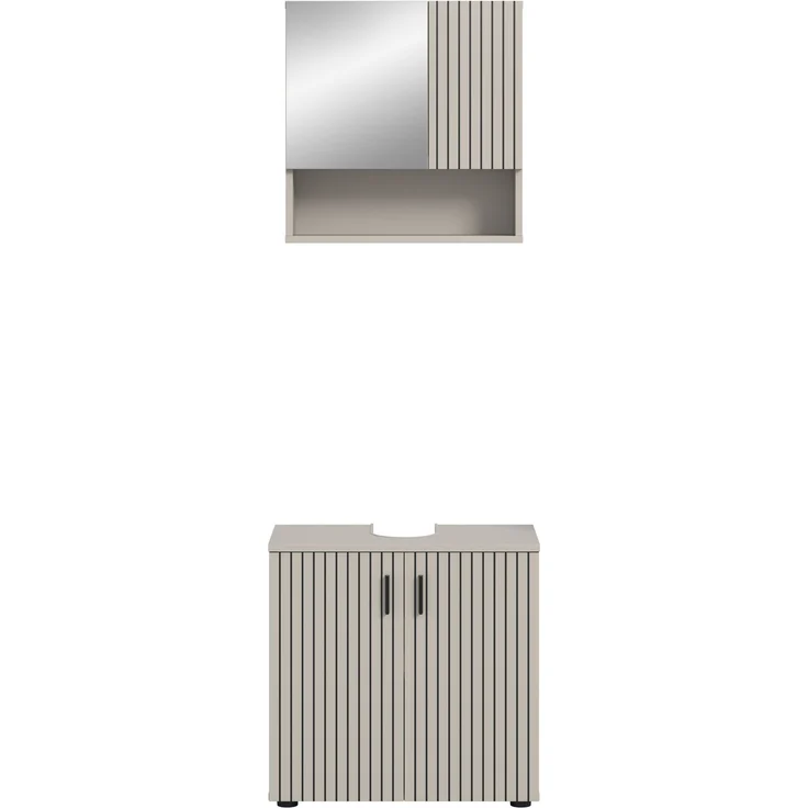 xonox. home – Badkombination Mone 60 x 180 x 30 cm in Kaschmir Nachbildung – 2-teiliges Set bestehend aus Waschbeckenunterschrank & Spiegelschrank – Ideale Lösung für kleine Bäder, modern & pflegeleicht – Bild 2