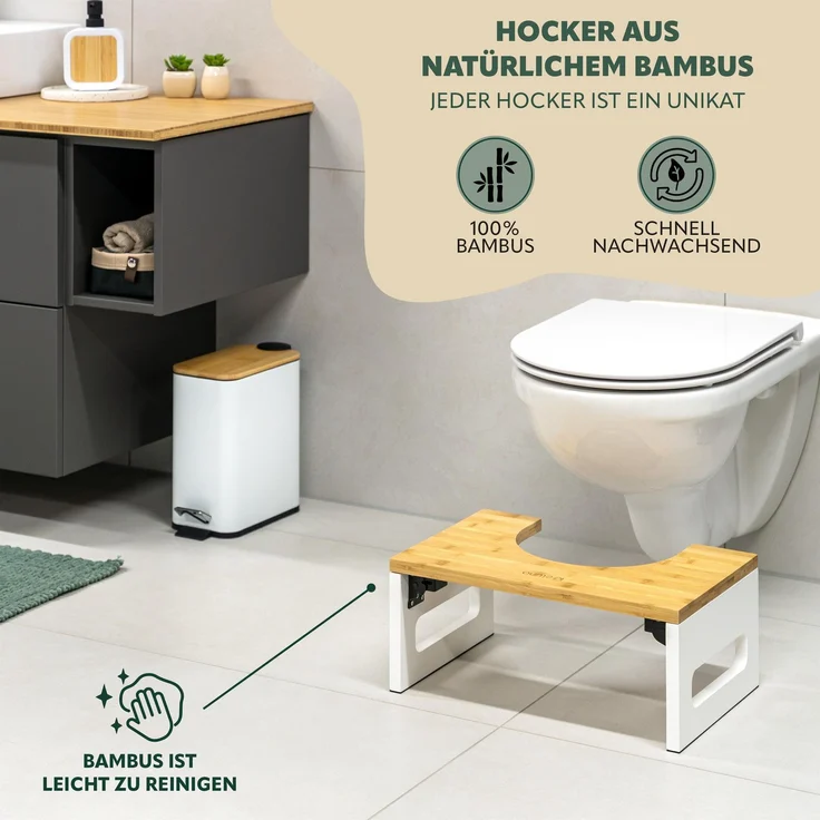 eluno Toilettenhocker, Fußbank aus Bambus, platzsparend zusammenklappbar, weiß – Bild 6