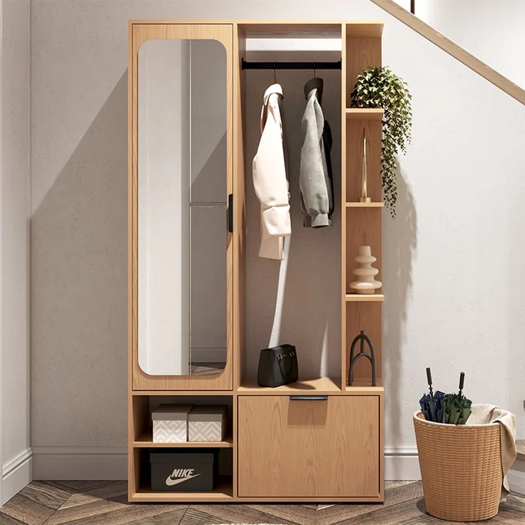 MEBLINI Garderobenschrank NADIA 100cm - Bookmatch Eiche - mit Spiegel - 100x33x190cm R/L - Garderobe Schrank - Flurgarderobe schmal - Garderobe Flur Möbel Set - Flurschrank hoch – Bild 1