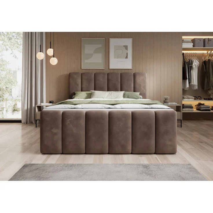 thematys Boxbett mit Bettkasten 180x200cm, mit Bonnellfederkernmatratze H3, Bouclé/Velours, mit Stauraum, mit 3 cm Topper, Taupe (Velluto 29) – Bild 2
