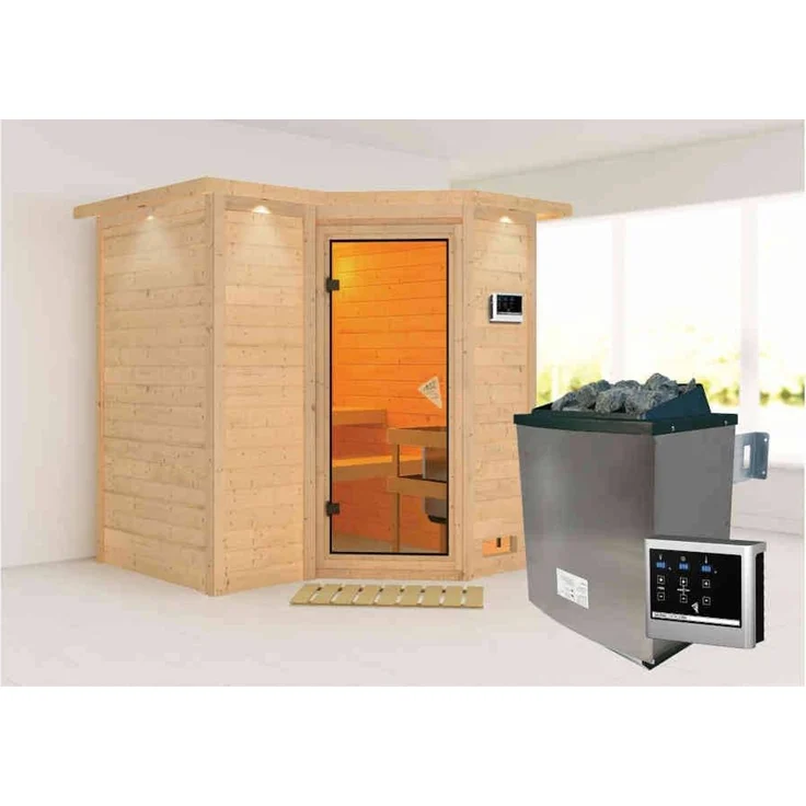 Karibu Sauna Sahib 1 mit Dachkranz + 9kW Saunaofen mit ext. Steuerung Easy Energiespartür – Bild 4