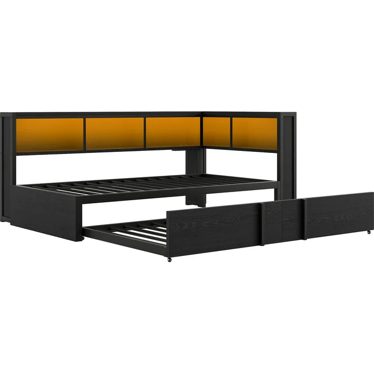 Metall-Tagesbett 90x200 cm mit Ausziehbett, 5 Stauschränken, LED-Beleuchtung und USB-Ladestation, Schwarz – Bild 10