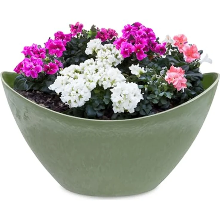 matches21 HOME & HOBBY Blumentopf Hohe Pflanzschale oval Vintage oliv-grün 20 x 12 cm wetterfest (1 St), Schiffchen Deko-Schale als Tischdeko Blumen-Schale Outdoor Garten-Deko – Bild 2