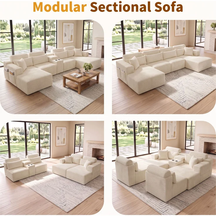 ZUBALIYA Boneless Compression Sofa, U-förmiges modulares Sofa mit integrierten Becherhaltern, Off-Weiß, 372 x 151 x 80 cm – Bild 19