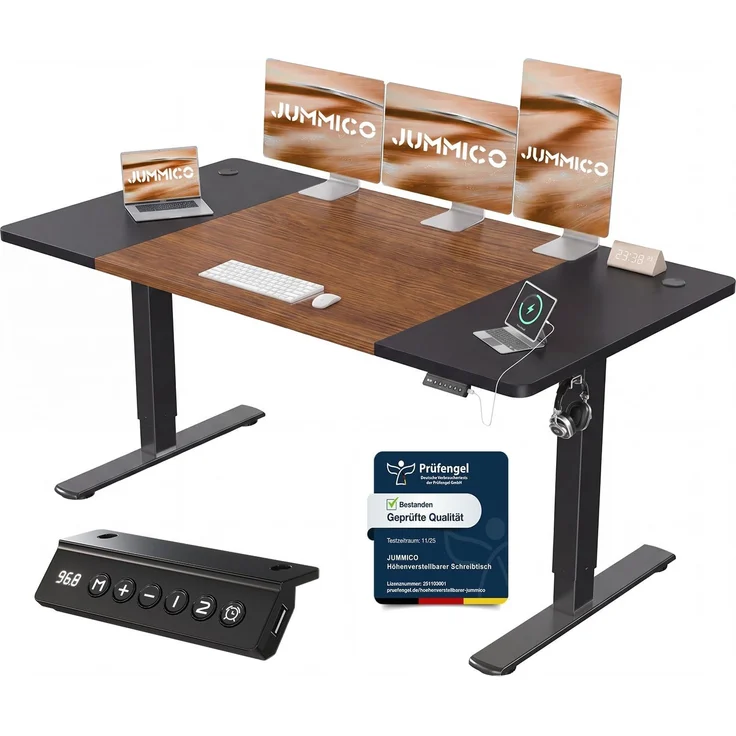 JUMMICO Höhenverstellbarer Schreibtisch 160x70 cm, USB-A-Anschluss | Schreibtisch Höhenverstellbar Elektrisch, Erinnerung bei langem Sitzen Stehschreibtisch, Computertisch Braun und Walnuss