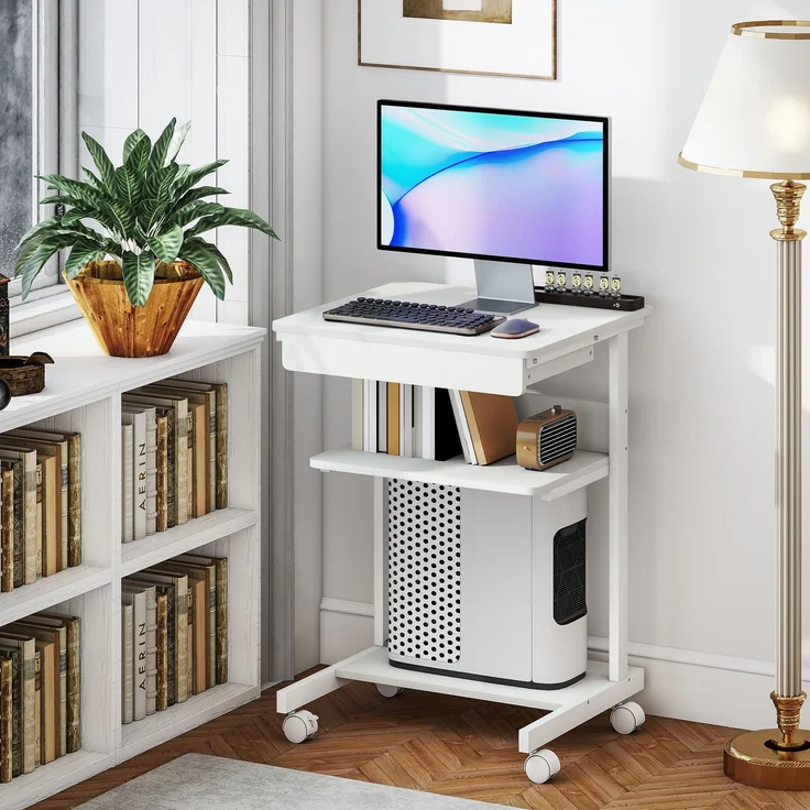 Computertisch auf Rollen, Schreibtisch mit Stauraum 56 x 51 cm mit Schublade, Fach und CPU-Halterung, weiß – Bild 4