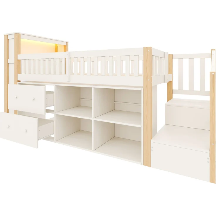 Hochbett, 90 x 200 cm, mit Schubladen, Staufächern, trapezförmigem Schrank, LED-Beleuchtung, Matratze nicht enthalten,Natur – Bild 10