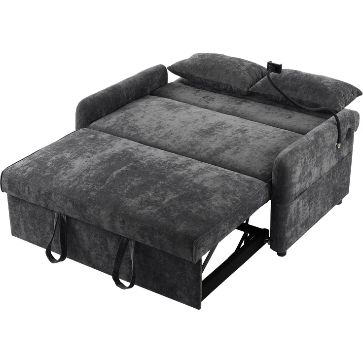 Ausziehbares Schlafsofa 2-Sitzer mit USB-Anschluss & verstellbarer Rückenlehne mit Kissen und Stauraumtaschen,multifunktionales,Grau – Bild 10
