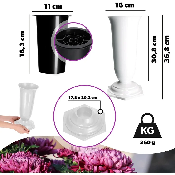 KADAX Vase, Fläschchen, Blumen, Grabstein, Friedhof, Grabstein, Einsatzsockel, weiß, 37 cm – Bild 3