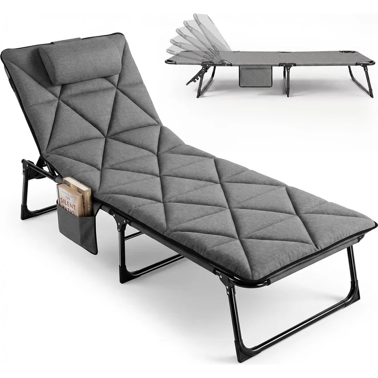 Sekey 6-Fach Verstellbar Campingbett 190 cm Feldbett Klappbar mit Matratze und befestigbarem Kopfkissen, Grau – Bild 1