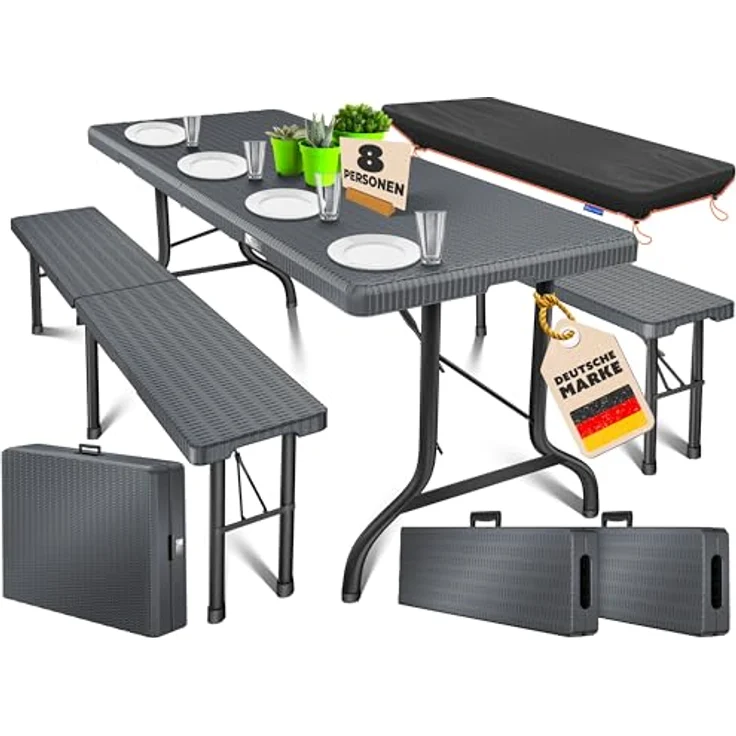 KESSER® Bierzeltgarnitur 3-teilig Set Tisch & 2x Bank | Buffettisch für drinnen & draußen Gartengarnitur klappbar 183x76x74cm Kunststoff Klapptisch Gartentisch inkl. Abdeckung & Tragegriffe Anthrazit, Rattan – Bild 2