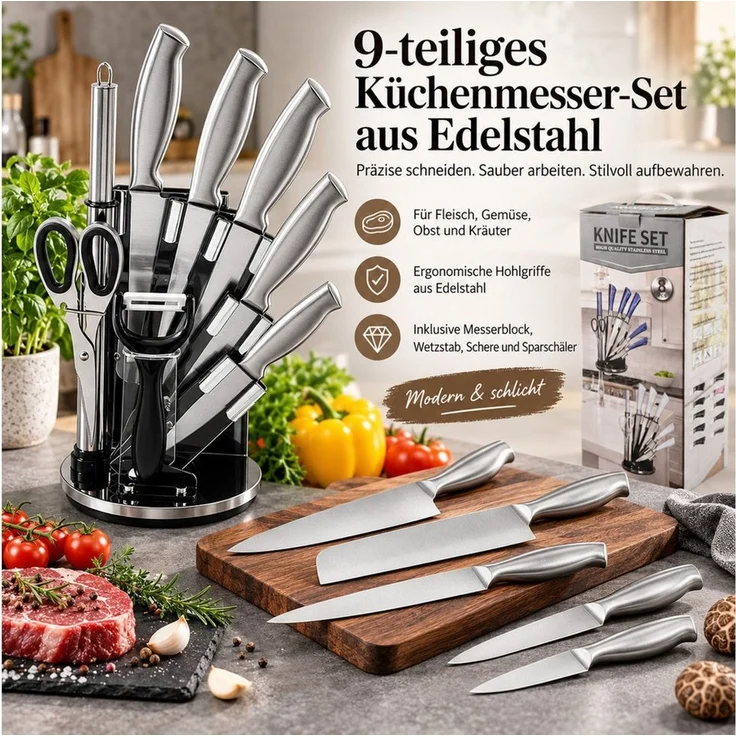 ibettertec Messer-Set Küchenmesserset 9-teilig Edelstahl Kochmesser für Haushalt (Set, 9-tlg, Edelstahl, lebensmittelecht, rostbeständig, gebürstete Oberfläche), Ergonomischer Hohlgriff für hohen Komfort, Modernes Design – Bild 2