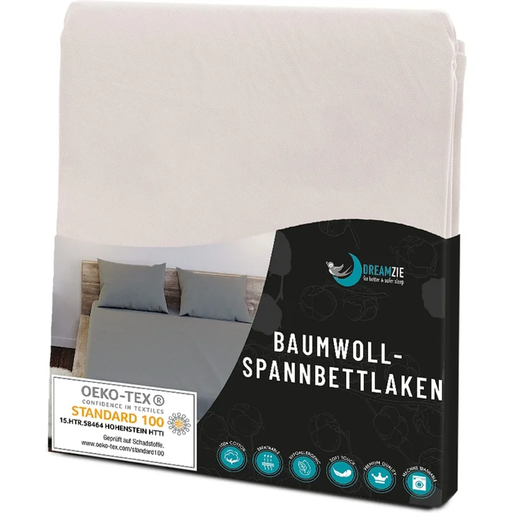 Dreamzie - Spannbettlaken 160x200 cm - Baumwolle Oeko Tex Zertifiziert - Beige - 100% Jersey Spannbettlaken 160x200 cm Baumwolle – Bild 1