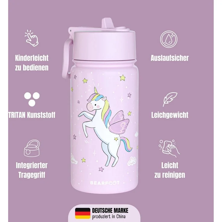 BEARFOOT Trinkflasche Thermo Kinder Trinkflasche Edelstahl - Einhorn lila, Thermosflasche, auslaufsicher, Edelstahl, Kinderflasche, BPA-frei – Bild 3