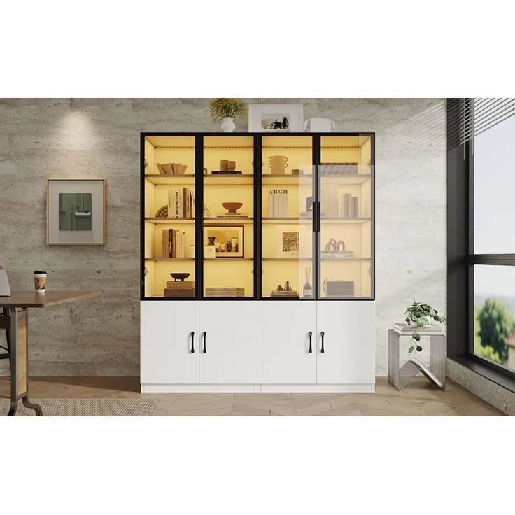 ZUBALIYA 120*40*160 cm große Vitrine mit LED-Beleuchtung – Kombinationsvitrine, Vitrine aus Rauchglas mit Aluminiumrahmen und zwei Türen im unteren Bereich, Bücherregal, Vitrine,Sideboard – Bild 18