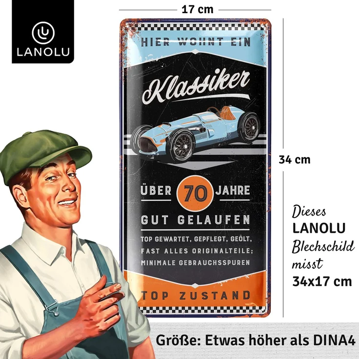 LANOLU Blechschild Klassiker 70 Jahre - 17x34cm – Metall – Schwarz – 17116 – Bild 4