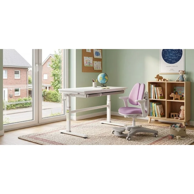 HOKO Kinderschreibtisch höhenverstellbar für Kinderzimmer (Tisch-Stuhl-Set, Kinderstuhl mit abnehmbarer Fußstütze, Schmetterlingslehne und Rollen), 120x60 cm Schreibtisch, für Kinder ab 6 Jahren, Weiß-Rosa, ELIN-ANKE – Bild 2