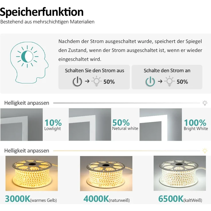 EMKE Badspiegel mit LED Beleuchtung Kaltweiß/Warmweiß/Neutralweiß Dimmbar 100x60cm Wandspiegel – Bild 2