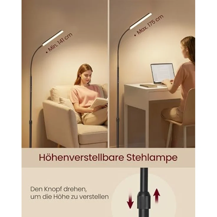 VASAGLE Stehlampe, Stehleuchte, Leselampe, 15 Watt, 141-175 cm höhenverstellbar, 360° drehbarer Schwanenhals, Timer- und Memory-Funktion, Fernbedienung, für Wohnzimmer, Mattschwarz LFL007BD02 – Bild 4