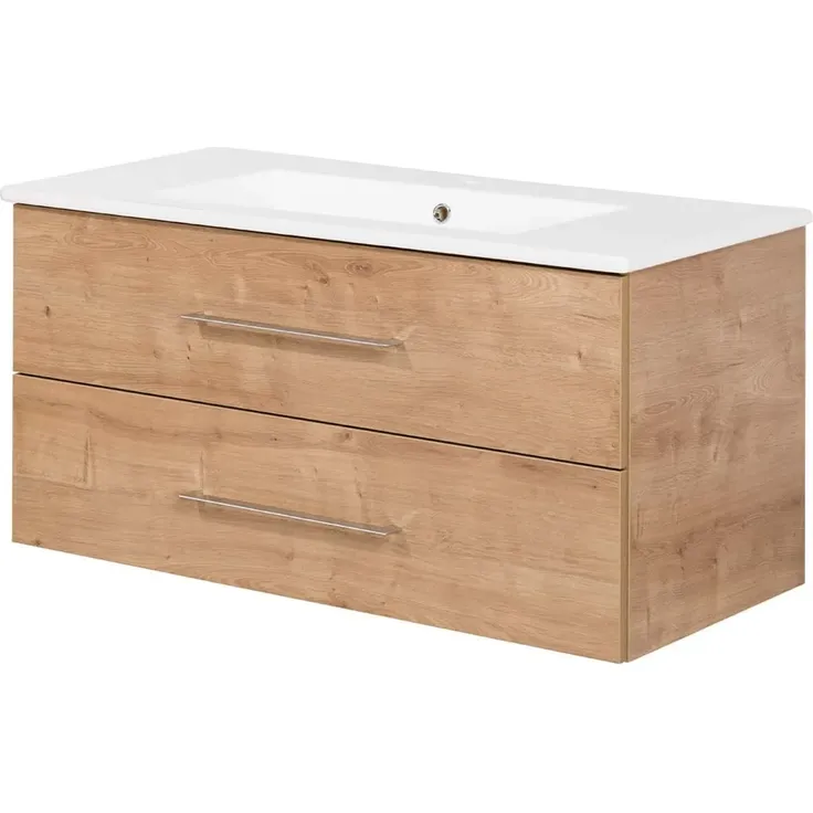 FACKELMANN B.PERFEKT Waschbecken mit Unterschrank 103 cm breit, Braun hell, Waschbecken Keramik Weiß