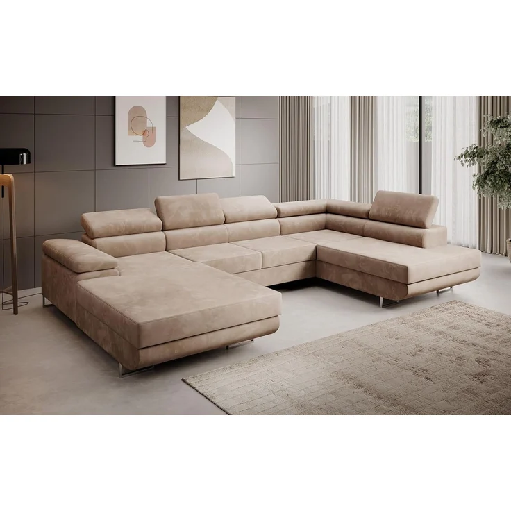 Ecksofa MARGO U- Form, moderne Couch mit Schlaffunktion, verstellbare Kopfstützen, zwei Bettkästen, große Polstercouch – Monolith 09, 72 x 203 x 347 cm – Bild 1