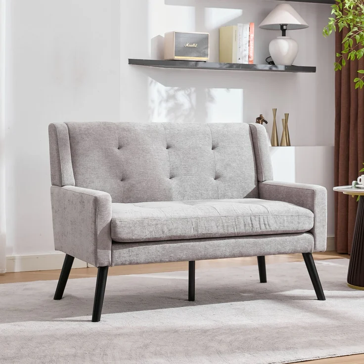 LVHOM 2-Sitzer Sofa aus Leinenstoff mit Knopfsteppung, Loveseat mit hochdichter Schaumstoffpolsterung und Massivholzbeinen, Stoffsofa für Wohnzimmer & Büro, bis 260kg, Hellgrau – Bild 1