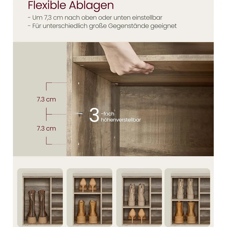 VASAGLE Schuhbank, Schuhregal mit Sitzfläche, Sitzbank mit Stauraum, gut gepolstert, Flurbank mit 10 Fächern, verstellbaren Ablagen, für Schlafzimmer, 30 x 104 x 48 cm, kamelbraun LHS010K02 – Bild 4
