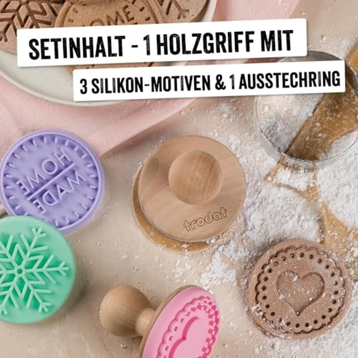 Trodat Keksstempel Set Home Made, Ø ca. 6 cm, Holzstempel, 3 wechselbare Silikon-Motiveinsätze, rostfreier Edelstahl-Ausstechring, spülmaschinenfest – Bild 2