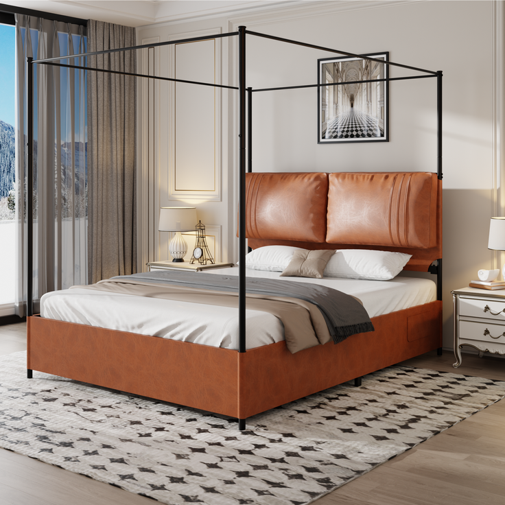 Himmelbett 140×200 cm mit abnehmbaren Baldachin-Säulen und Metallrahmen, Braun – Bild 3